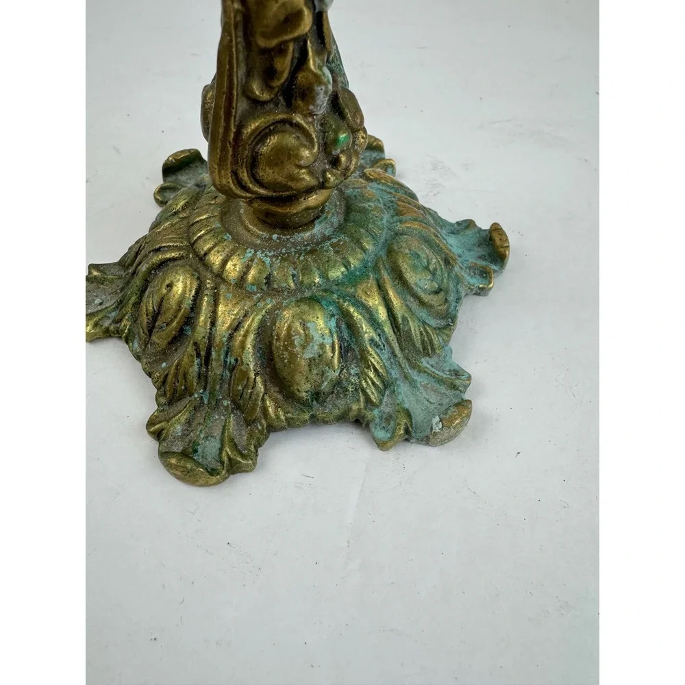 Vintage Ornate Brass 5 Arm Candelabra Ornate Floral Scrollwork Verdigris Patina